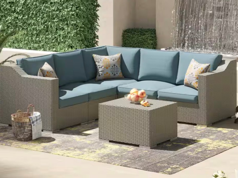 gray and blue patio sofa