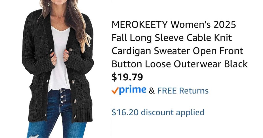 woman wearing black cardigan next to Amazon pricing information