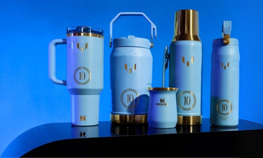 messi x stanley collab drinkware collection featuring a 40oz tumbler, and Ice flow water bottles 
