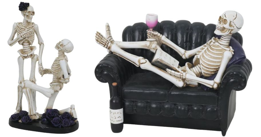 Ashland 8.5" Skeleton Proposal Tabletop Decor and 8.75" Skeleton Lounging w/ Drink Tabletop Decor