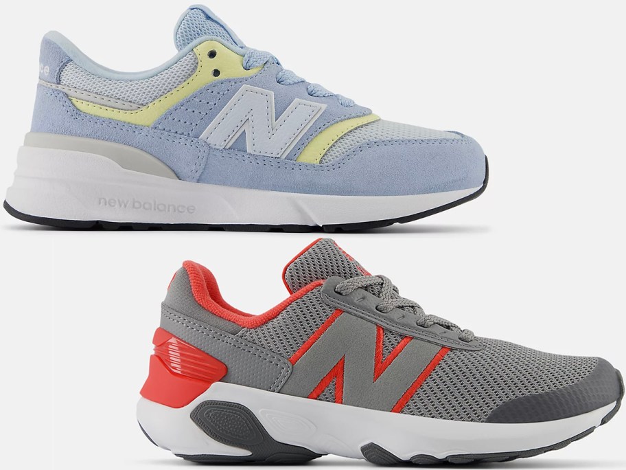 blue, and gray new balance shoes 