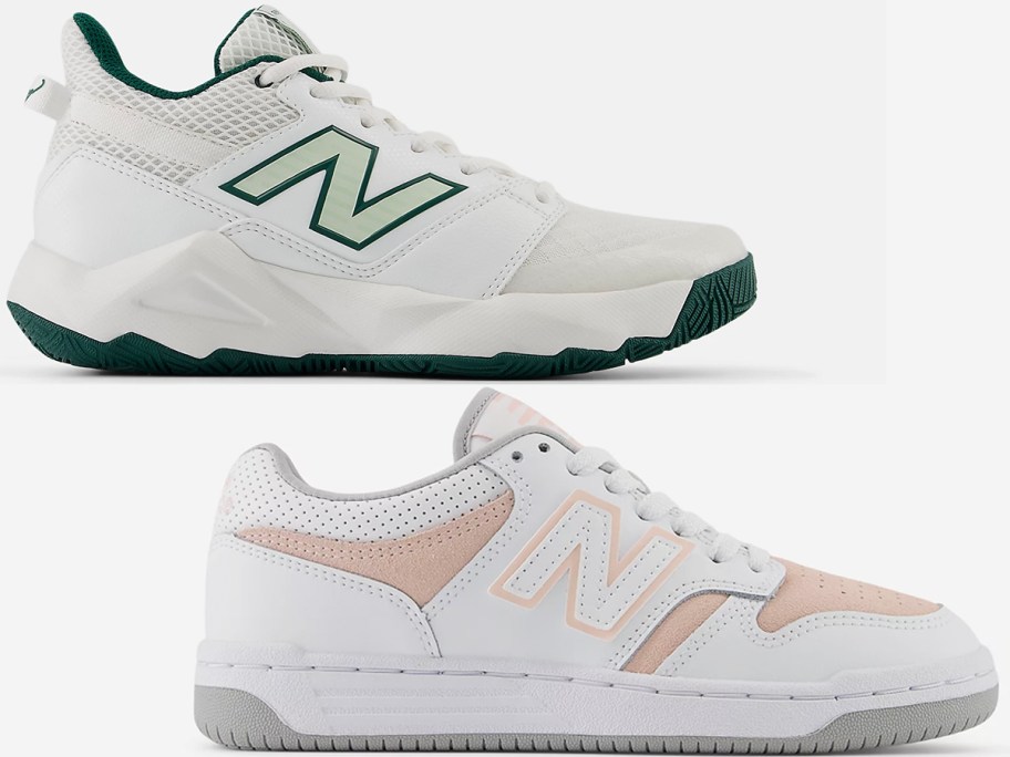 new balance green and white, and pink and white shoes 