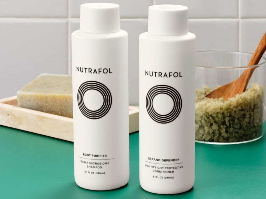 Nutrafol Shampoo & Conditioner 8.1oz Bottles on counter