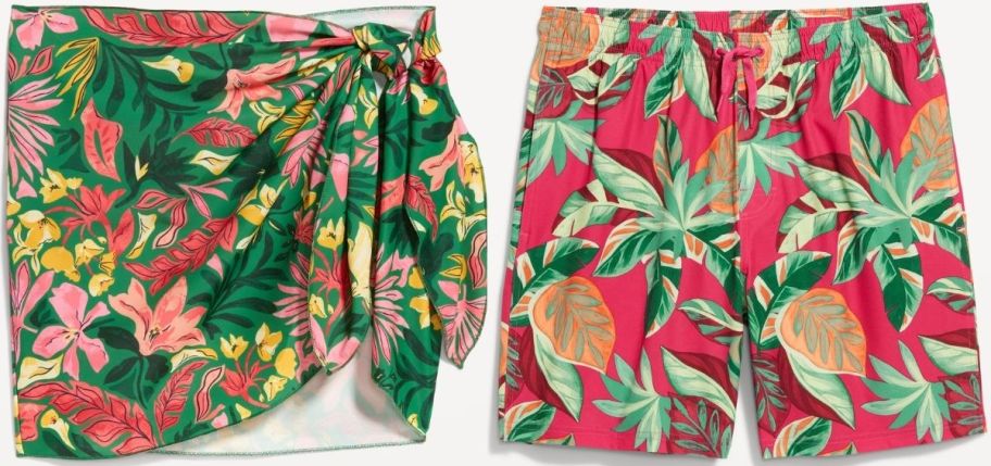 a womens sarong and men's swim trunks