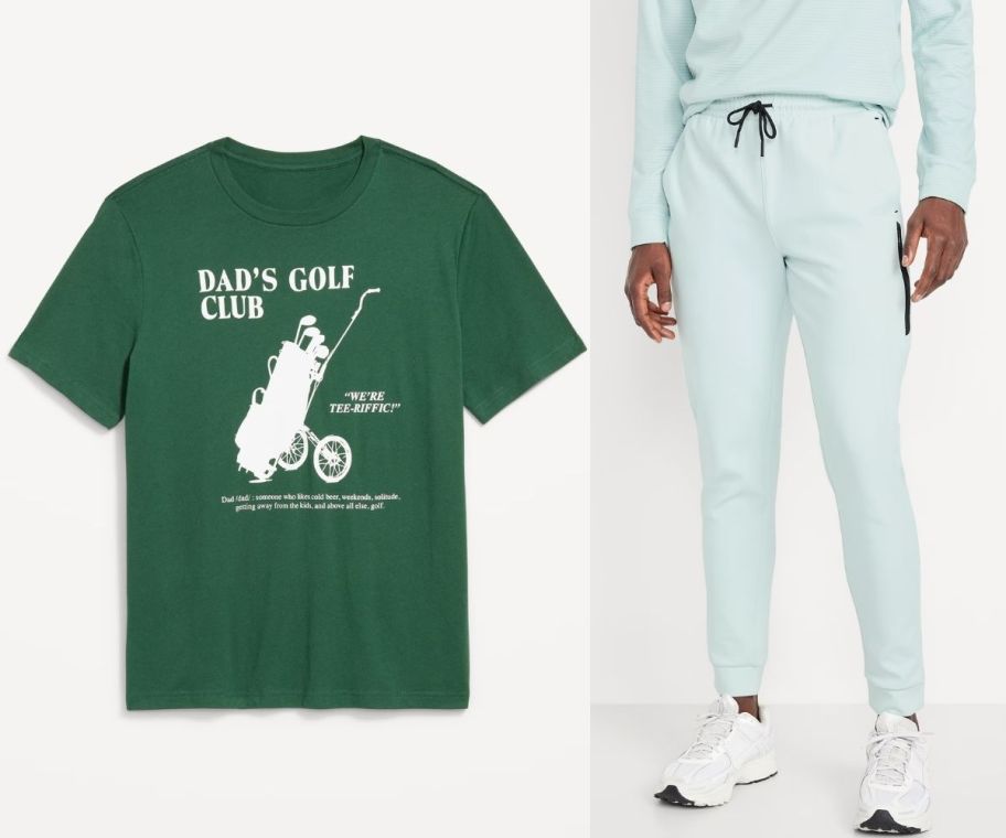 a man in a pair of joggers shown with a green graphic tee