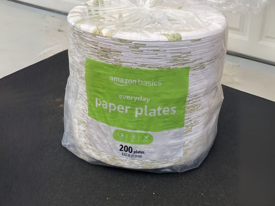 Amazon Basics Paper Plates 200-Count package on table