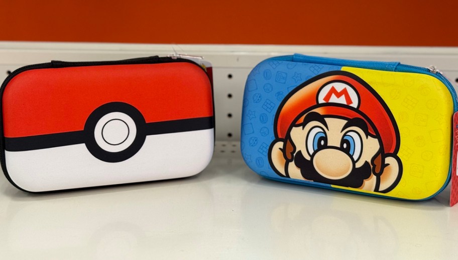 pokemon and mario pencil cases on shelf