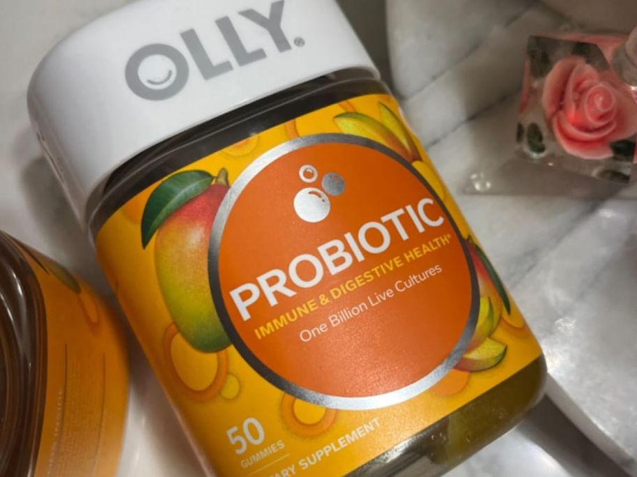 Olly probiotic vitamins displayed on top of the table