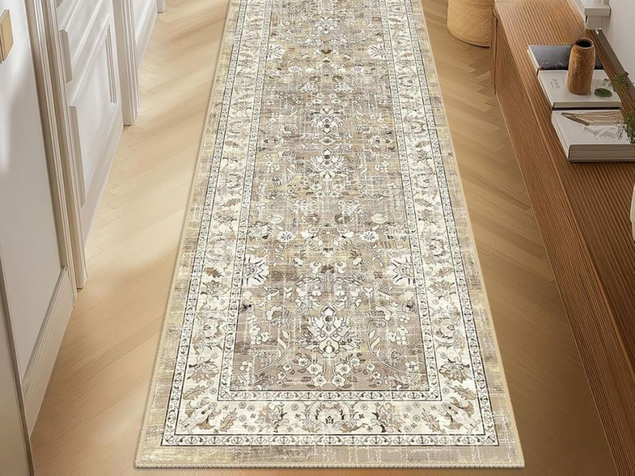 beige printed runner rug in entryway