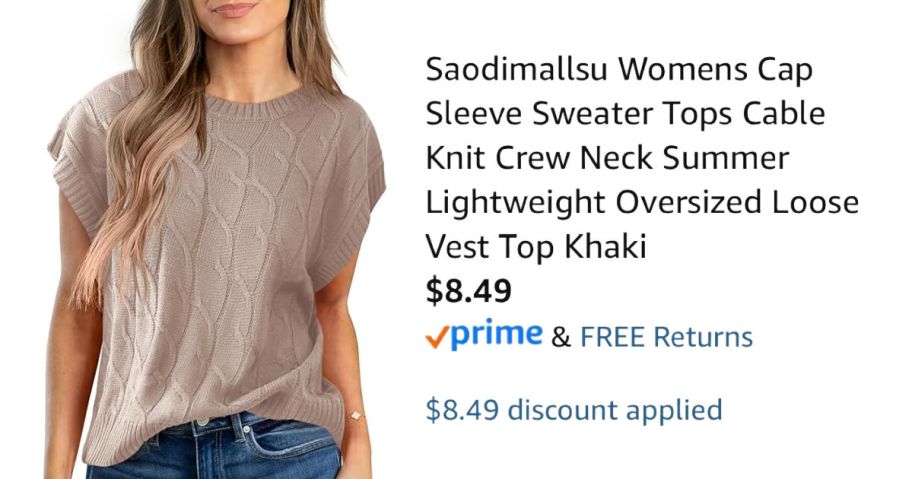 woman wearing cap sleeve sweater next to Amazon pricing information