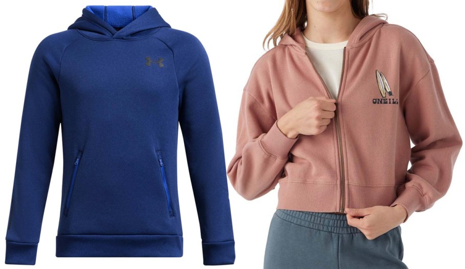 blue under armour hoodie and girl wearing pink hoodie