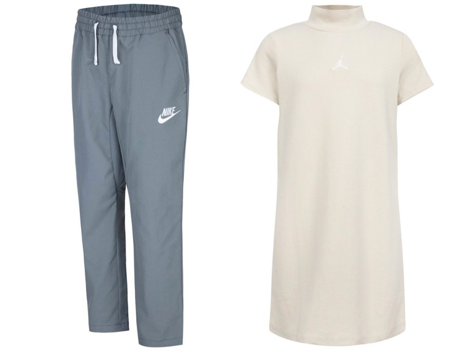 gray nike pants and beige dress 