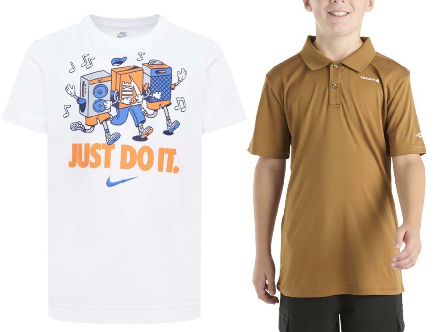 white nike and kid wearing brown carhartt shirts