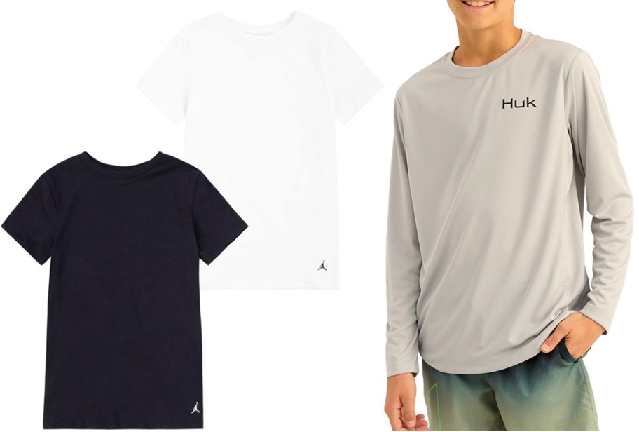 white and nike shirts and boy wearing tan huk shirt