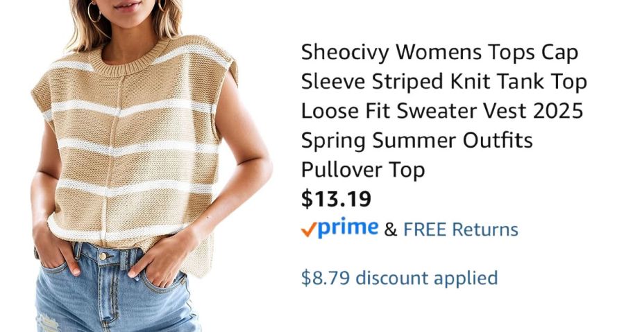 woman wearing striped top next to Amazon pricing information