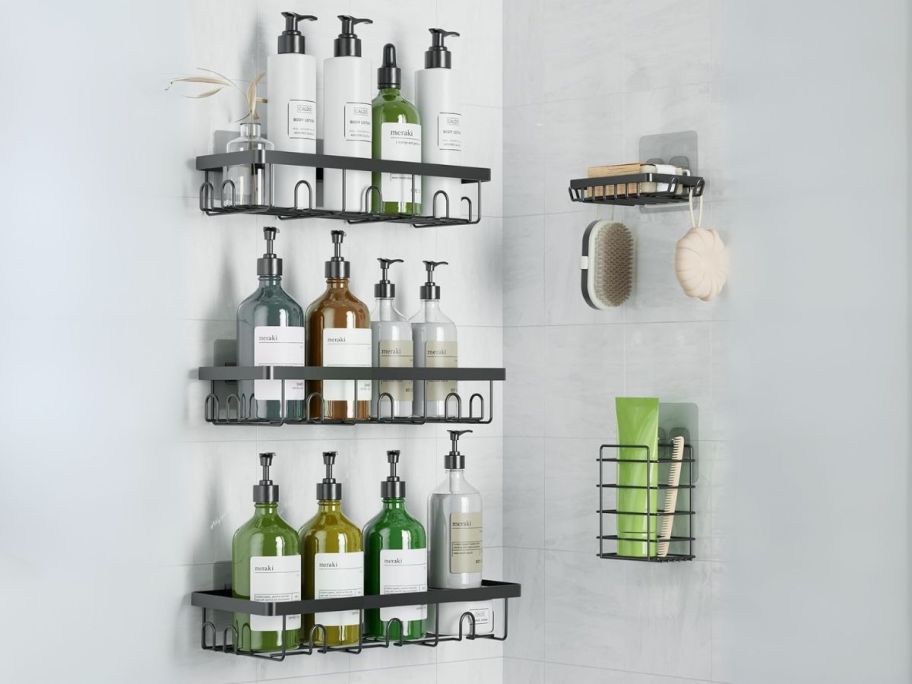 Shower Storage Caddy 5-Pack on shower walls with products in them