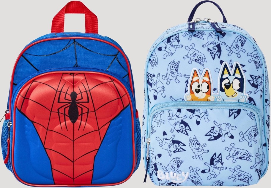 a spiderman backpack and a bluey backpack