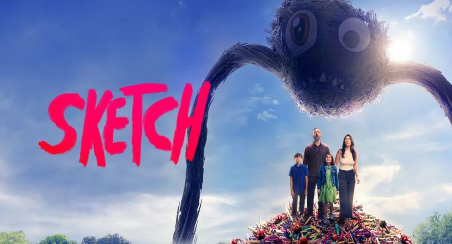 sketch movie poster with a large spider and three people underneath it 