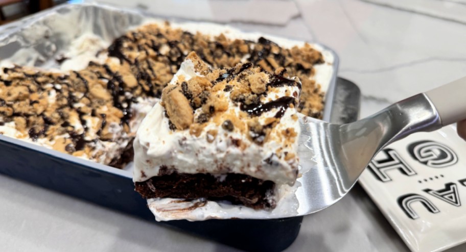slice of brownie ice cream cake on a spatula