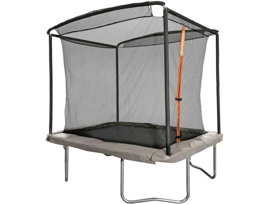 gray rectangle trampoline with enclosure