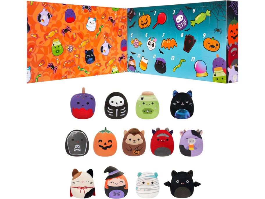 13 mini squishmallow plushes with open countdown calendar above them 