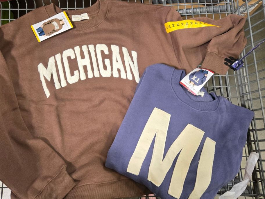 a brown Michigan sweatshirt and a blue sweatshirt with MI on it in cart in store