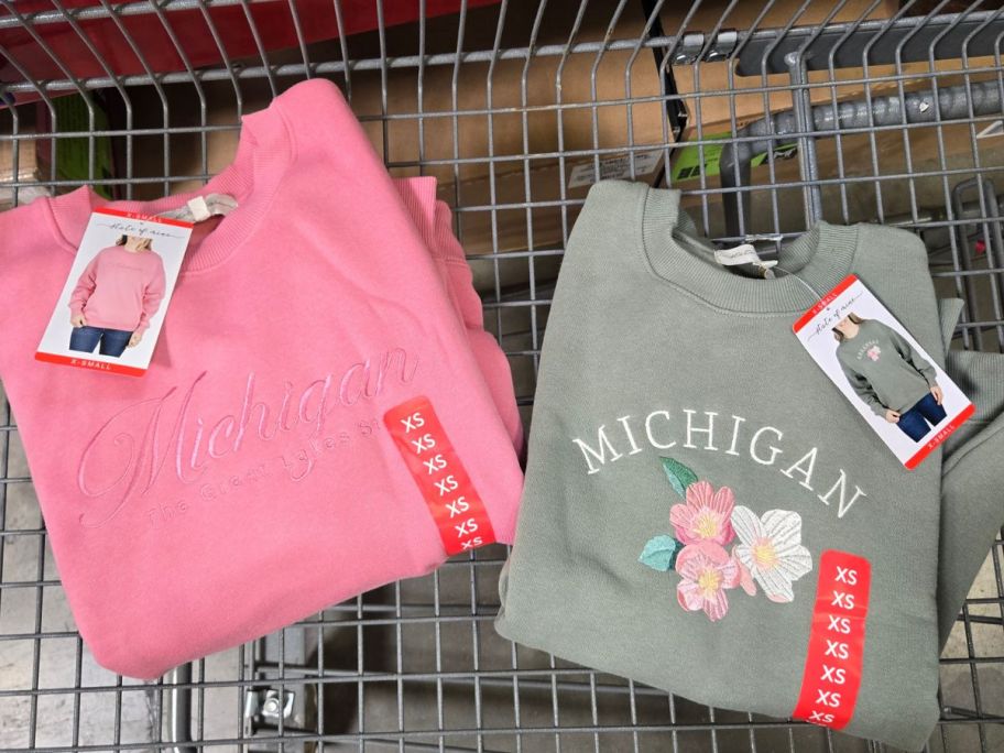 a pink and green Michigan sweatshirt in cart in store