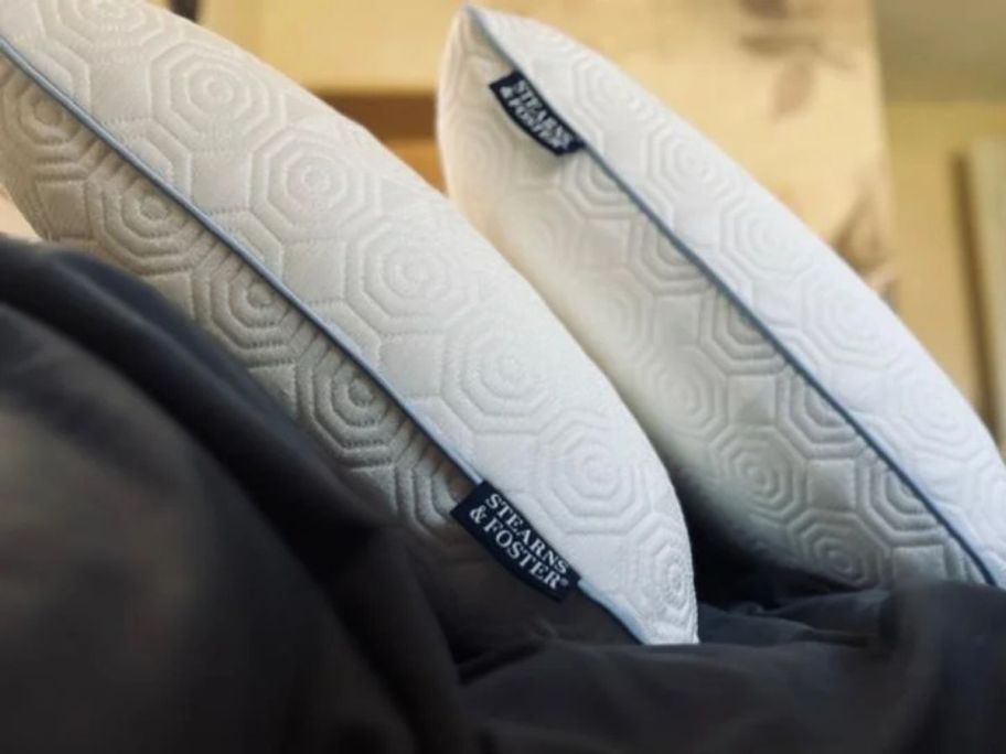 two Stearns & Foster Cooling Memory Foam Bed Pillows leaning on each other on bed