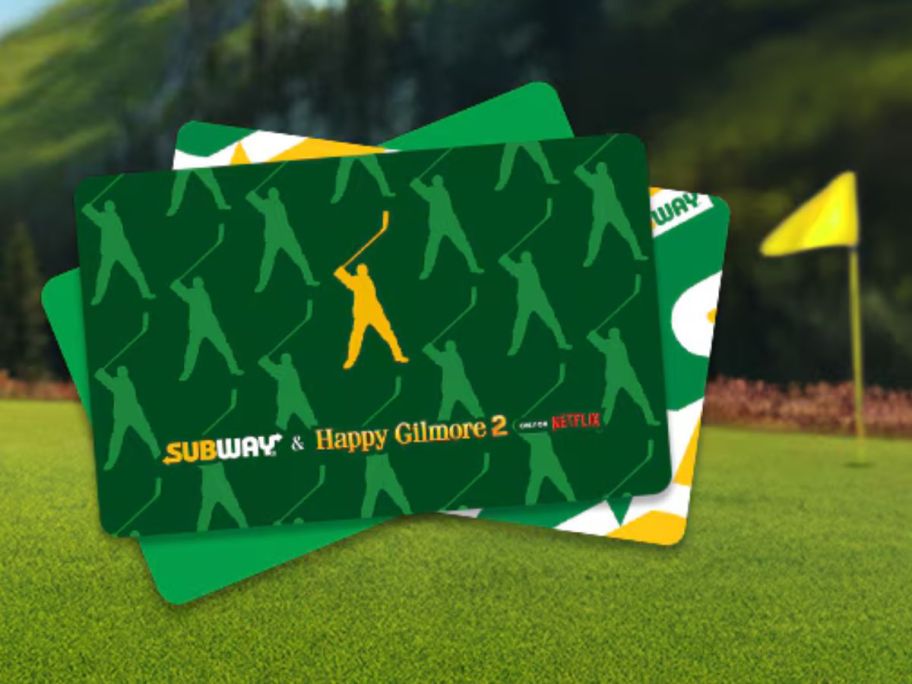 happy gilmore subway gift card on top of two other ones in front if golf course