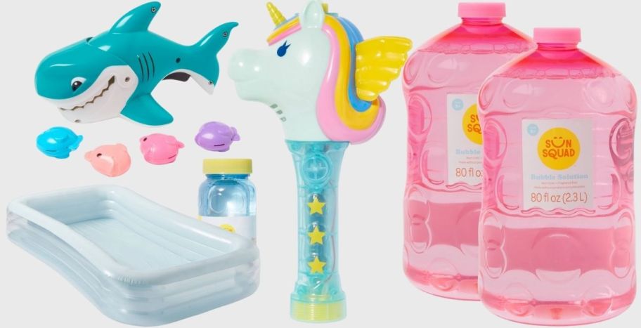 a inflatable kiddie pool, shark pool toy set, unicorn bubble wand, and 2 bottle of bubble solution