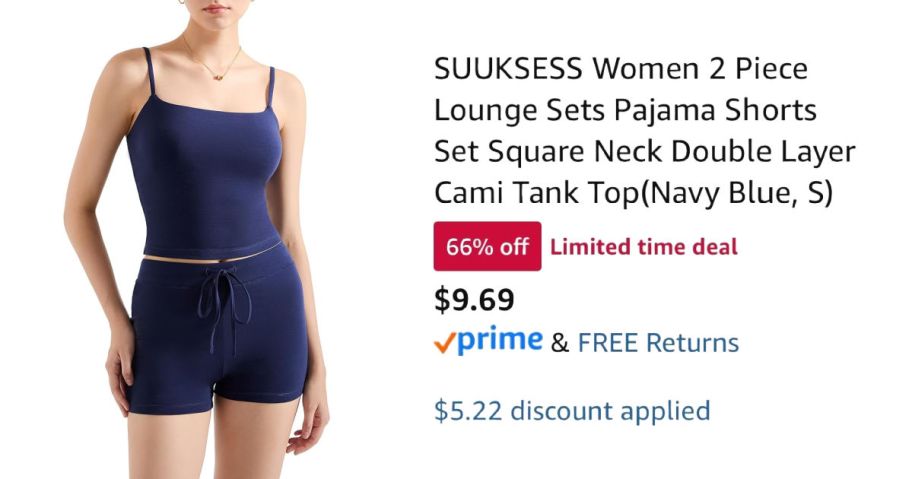 woman wearing navy lounge set next to Amazon pricing information
