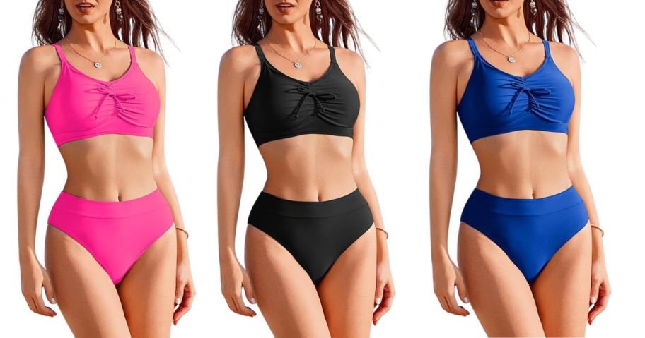 three women wearing a pink, black, and blue AI'MAGE Women's High Waisted Bikini Set