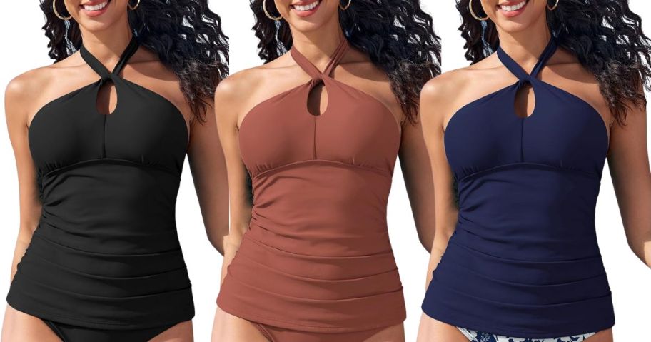 three women wearing a black, brown, and blue ZAFUL Women's Tankini Swimsuit