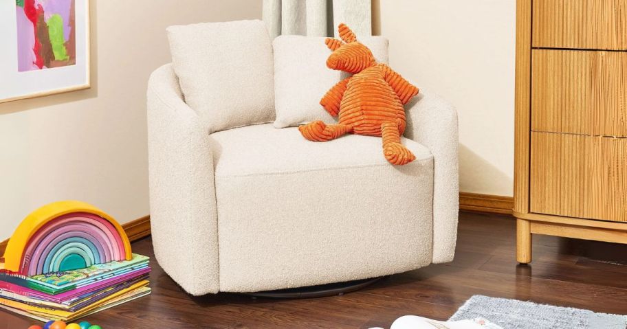 cream colored Beautiful by Drew Barrymore Kids Accent Chair in bedroom