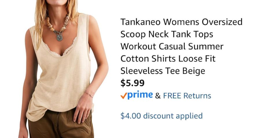 woman wearing beige tank top next to Amazon pricing information