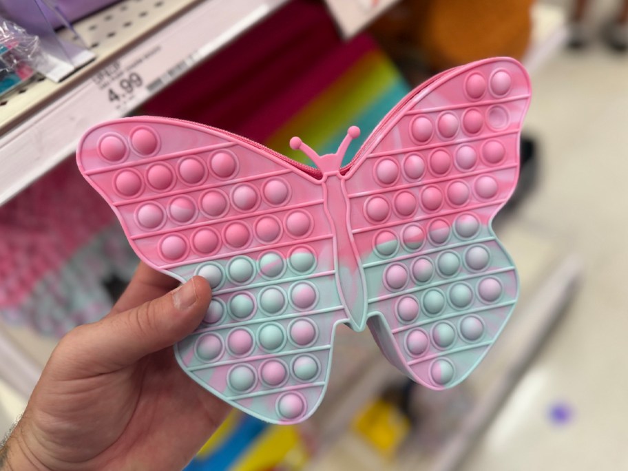 hand holding butterfly pencil case