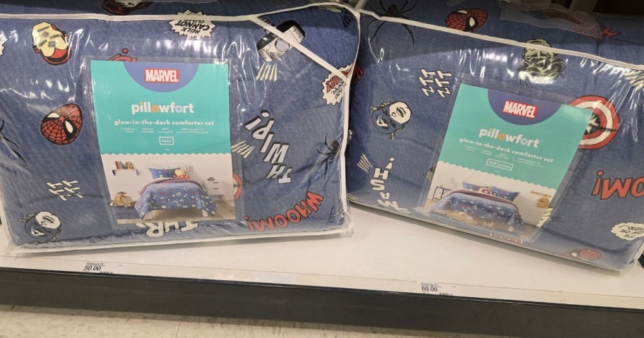 Marvel bedding sets on a shelf at Target