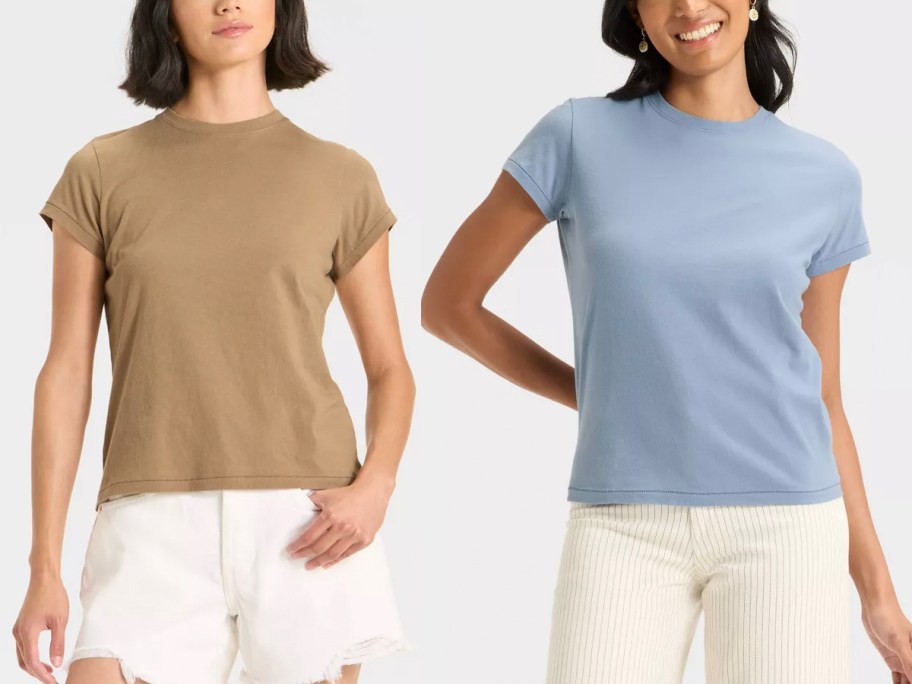 two women wearing tan and blue shirts 