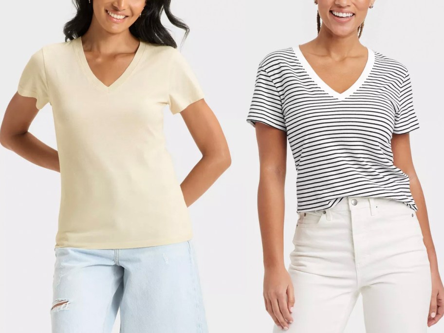 women wearing yellow and black and white striped shirts