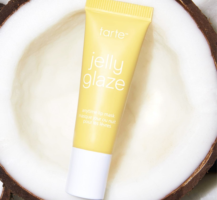 yellow tube of tarte Jelly Glaze Lip Mask in a coconut
