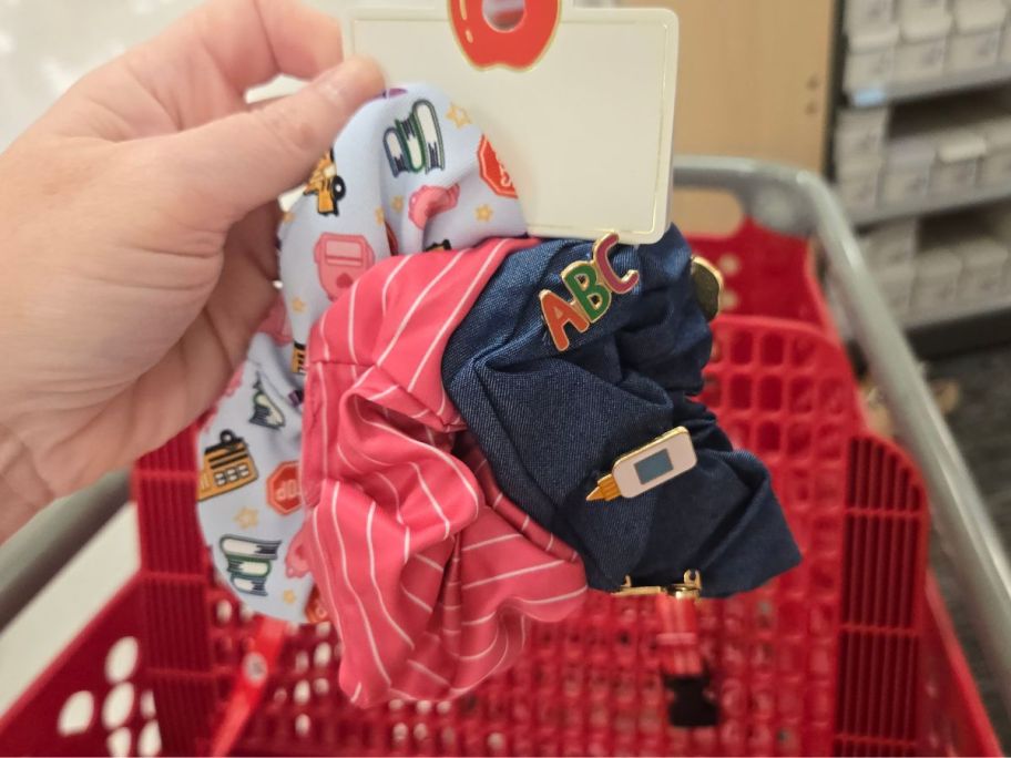 Teacher Print and Denim Hair Twister Set 3-Piece in hand in store