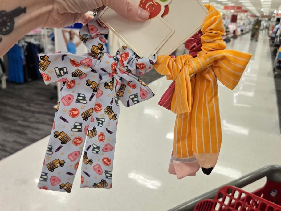 Teacher Bus Books Backpack Print Hair Twister with Tails and Teacher Pencil Hair Bow Twister Set 2-Piece in hand in store