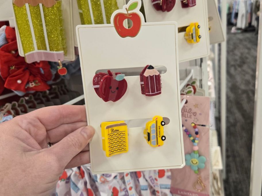 Teacher Apple Bus Pencil Mini Claw Hair Clip Set in hand in store