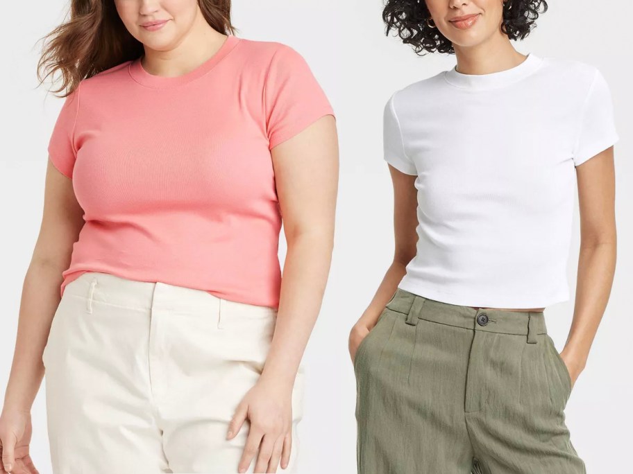 women wearing pink and white tees