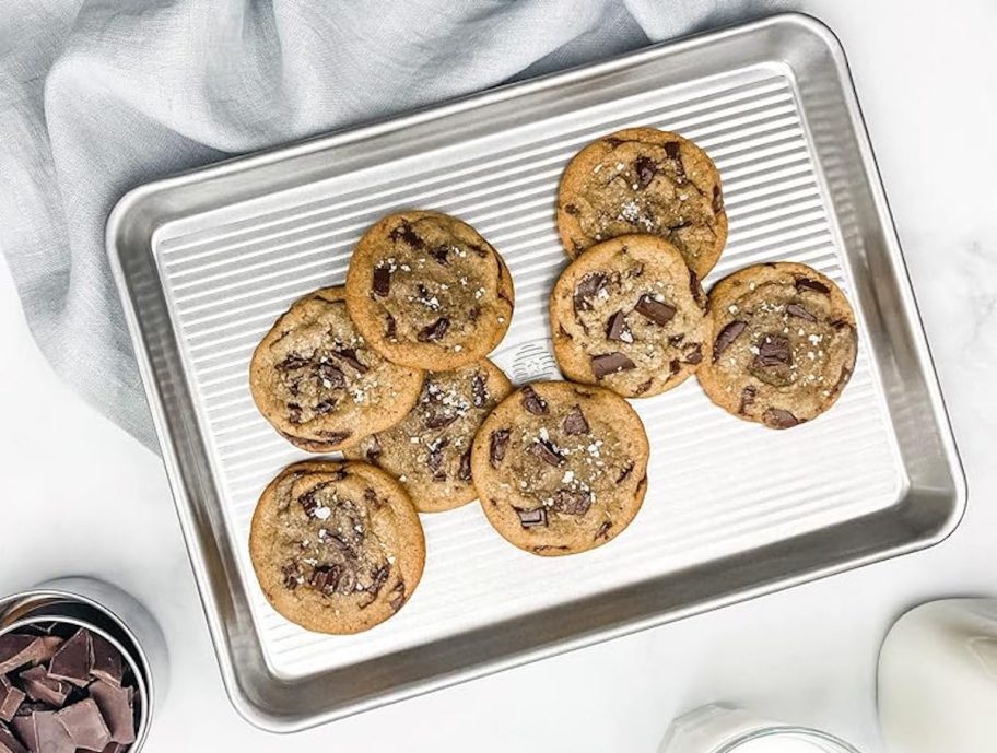 sheet pan with chocolate chip cookies