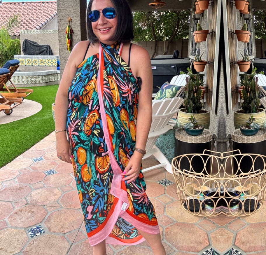 woman in colorful cover up