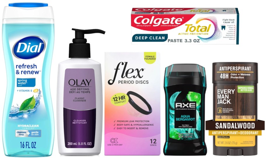 6 personal care items on a white background