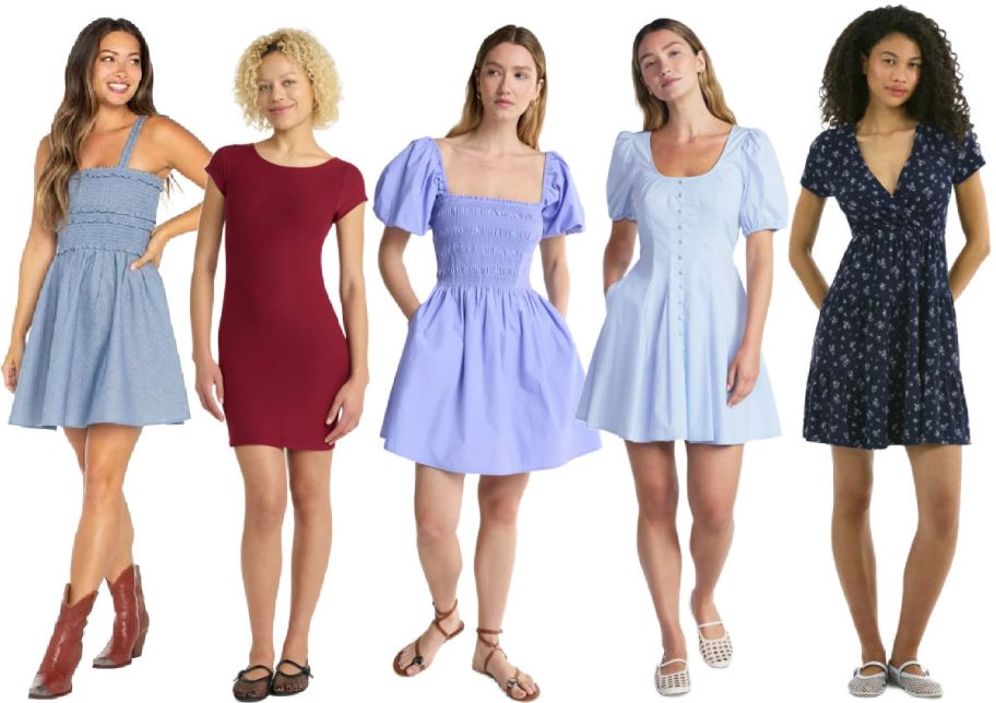 5 women wearing dresses on a white background