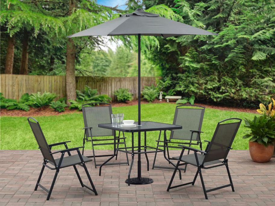 gray Mainstays Albany Lane 6-Piece Outdoor Patio Dining Set on patio