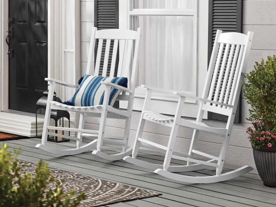 white Mainstays Outdoor Wood Porch Rocking Chairs on porch